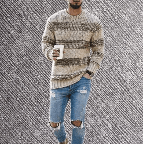 Cozy men's long sleeve striped sweater with a relaxed fit & crew neck. Comfortable pullover for cool weather.