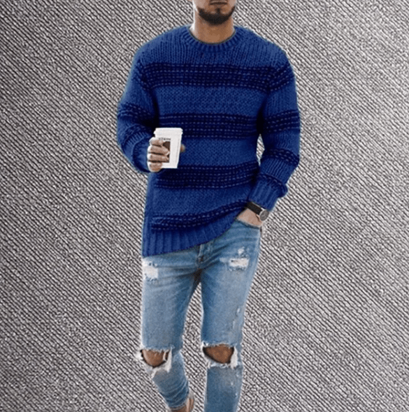 Modern men's striped crew neck long sleeve sweater, a versatile and comfortable pullover for everyday wear.