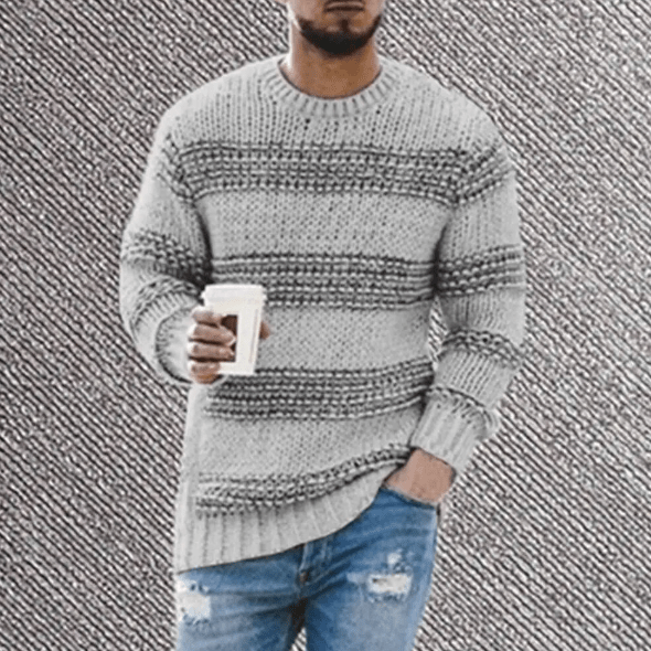 Stylish men's striped crew neck long sleeve pullover sweater. Soft, comfortable, and perfect for casual men's fashion.