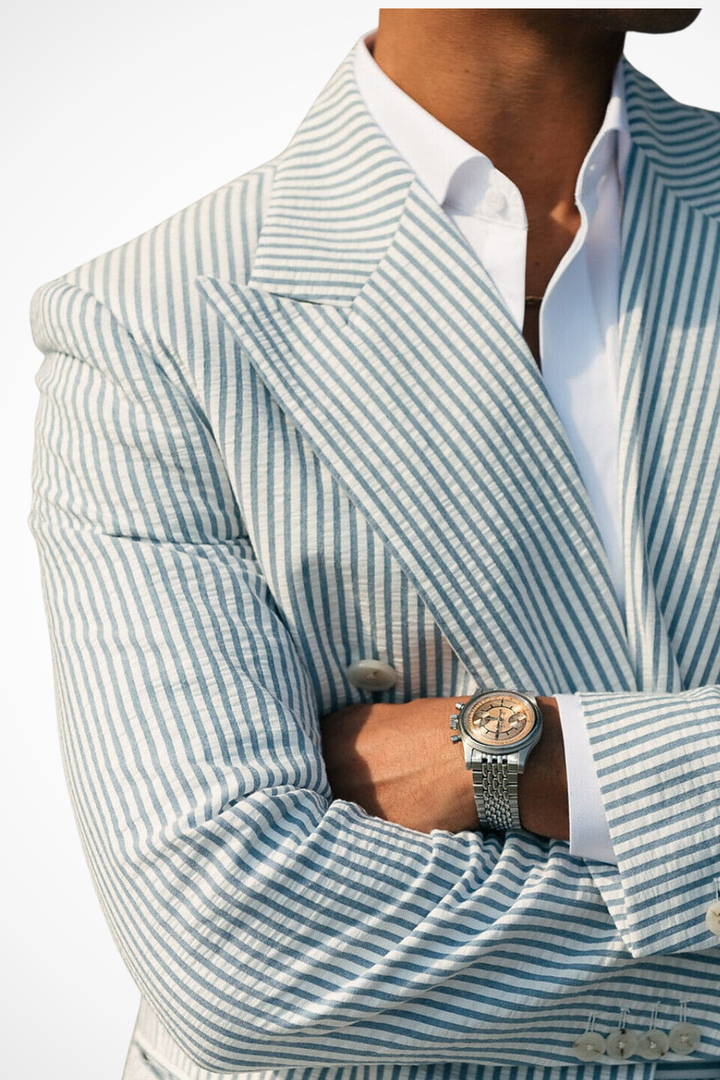 Sophisticated men's striped double-breasted suit. Excellent summer event wear, formal & stylish.