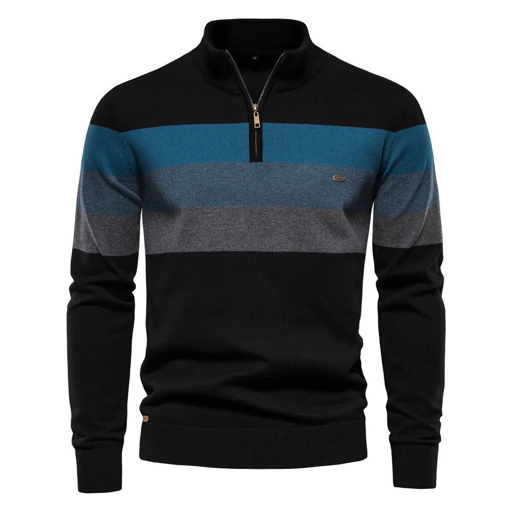 Men's striped half-zip pullover sweater, a comfortable and stylish knitwear piece perfect for fall layering and casual wear.