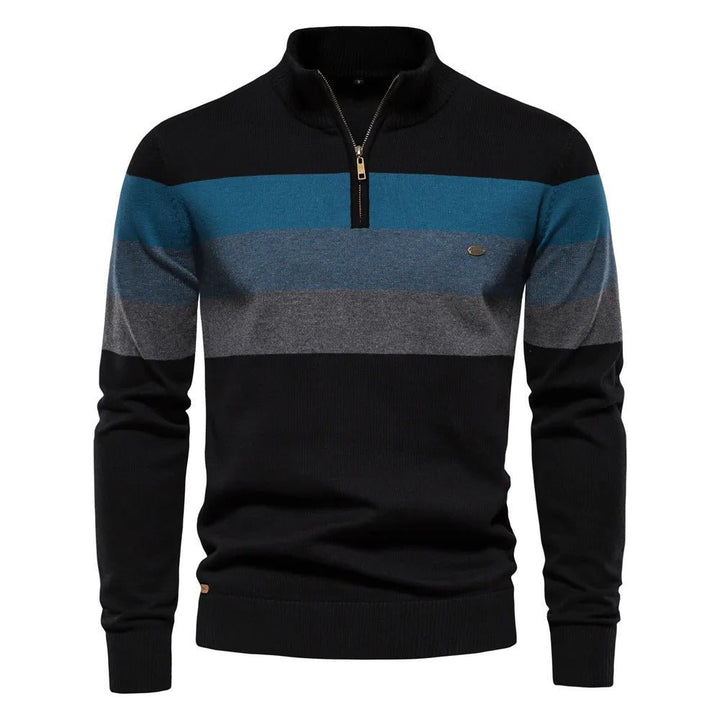 Men's striped half-zip pullover sweater, a comfortable and stylish knitwear piece perfect for fall layering and casual wear.