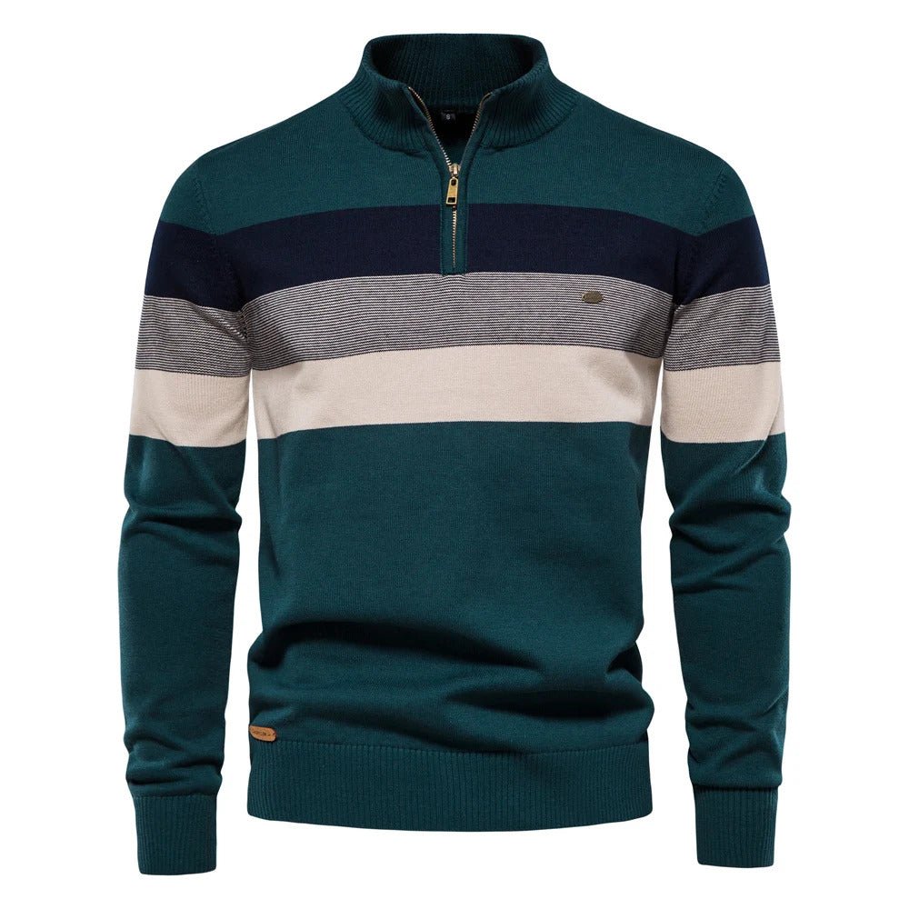 Stylish men's half-zip striped sweater with a mock neck, ideal for versatile everyday casual wear and fall fashion.