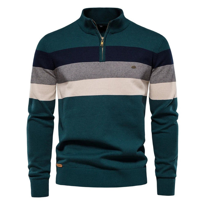Stylish men's half-zip striped sweater with a mock neck, ideal for versatile everyday casual wear and fall fashion.