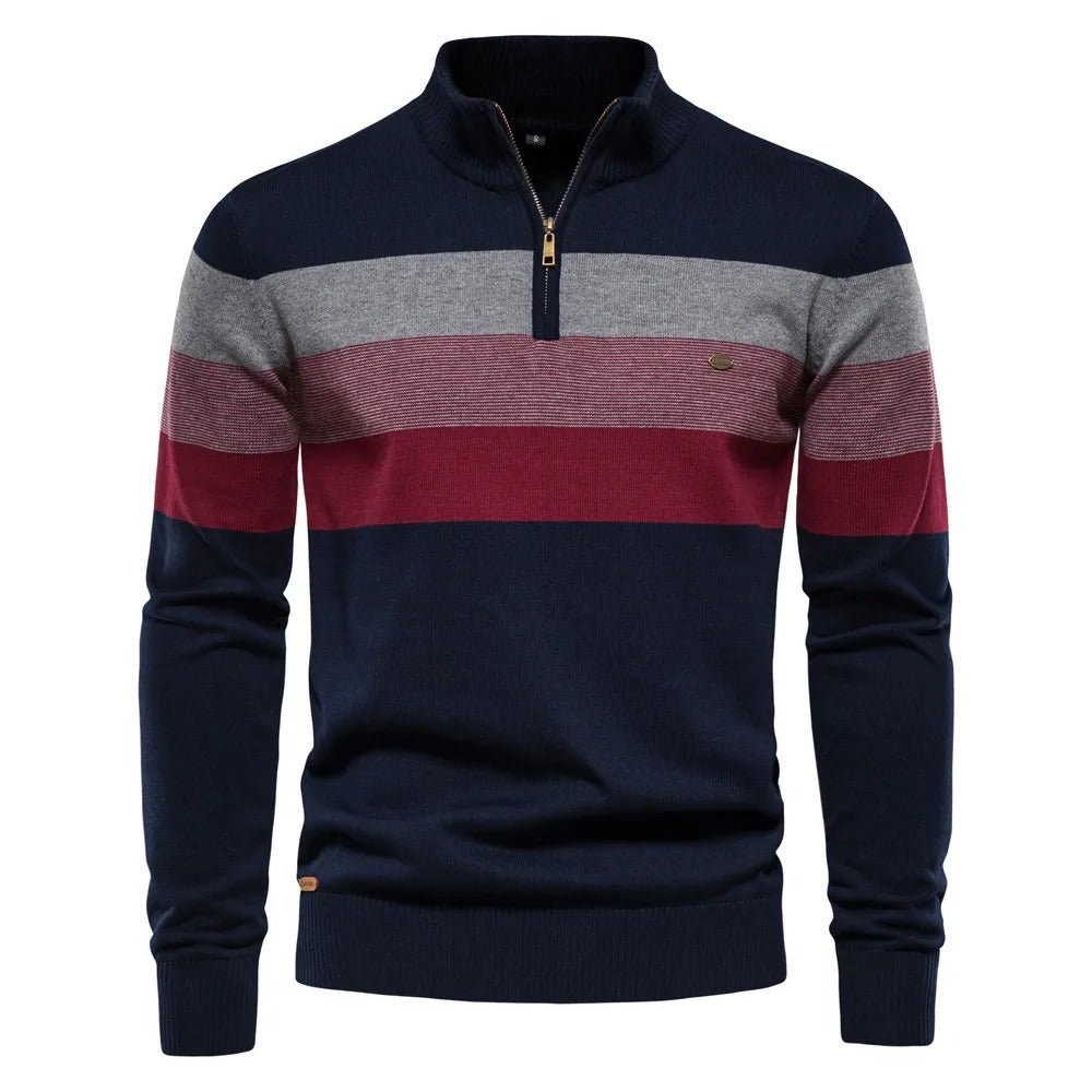 Comfortable men's knitwear sweater, featuring a striped pattern and half-zip design, great for long sleeve fall layering.