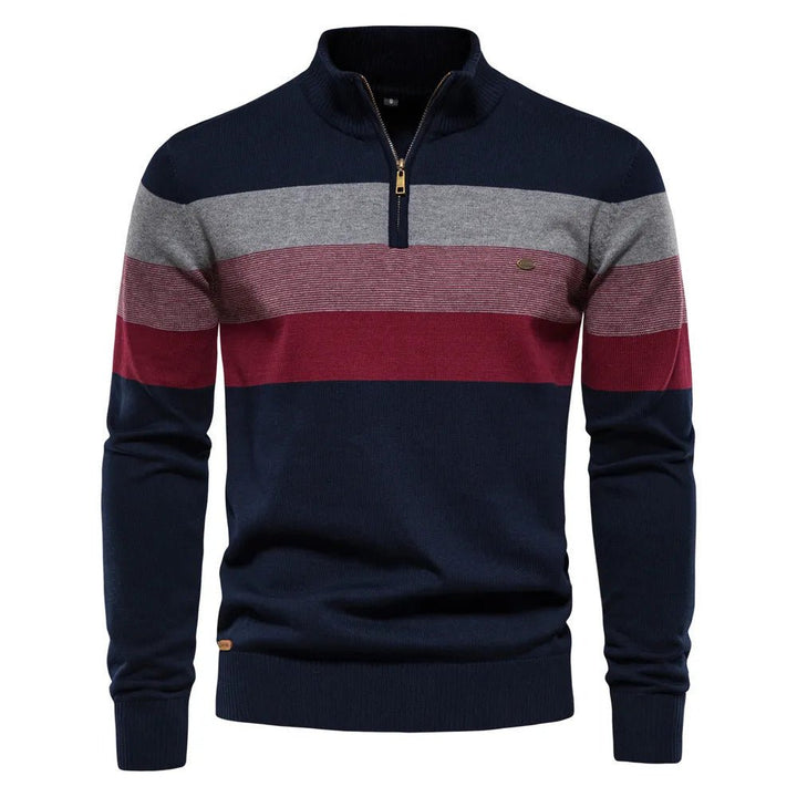 Comfortable men's knitwear sweater, featuring a striped pattern and half-zip design, great for long sleeve fall layering.
