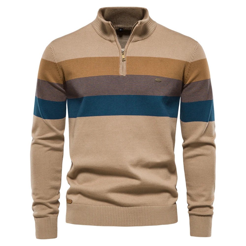 Versatile men's striped half-zip pullover, a cozy mock neck sweater for stylish casual outfits and fall comfort.