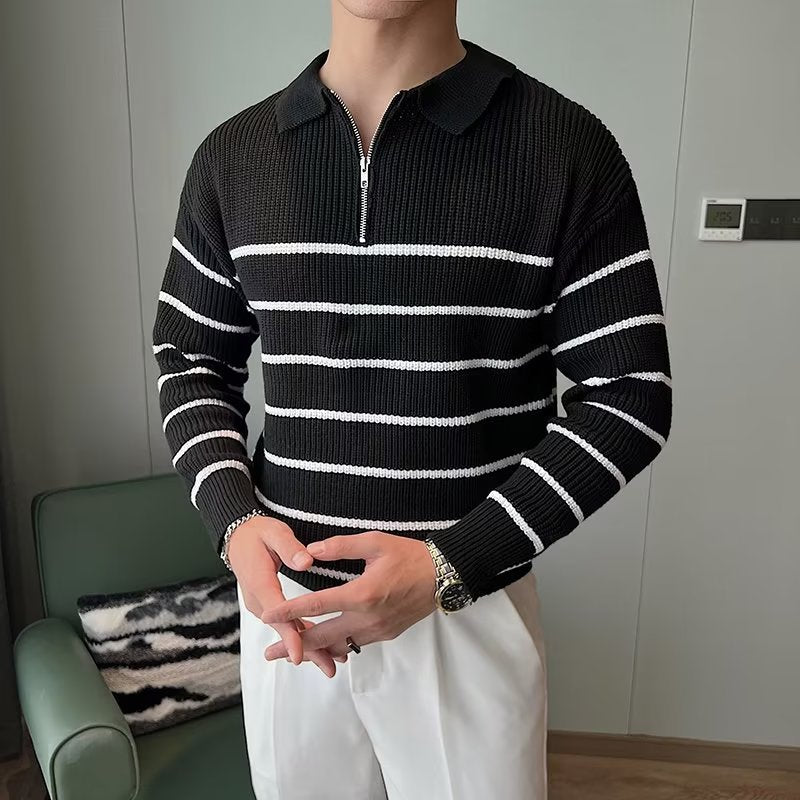 Men's striped knit sweater with a stylish zipper front. Perfect for smart casual or everyday wear, long sleeve comfort.