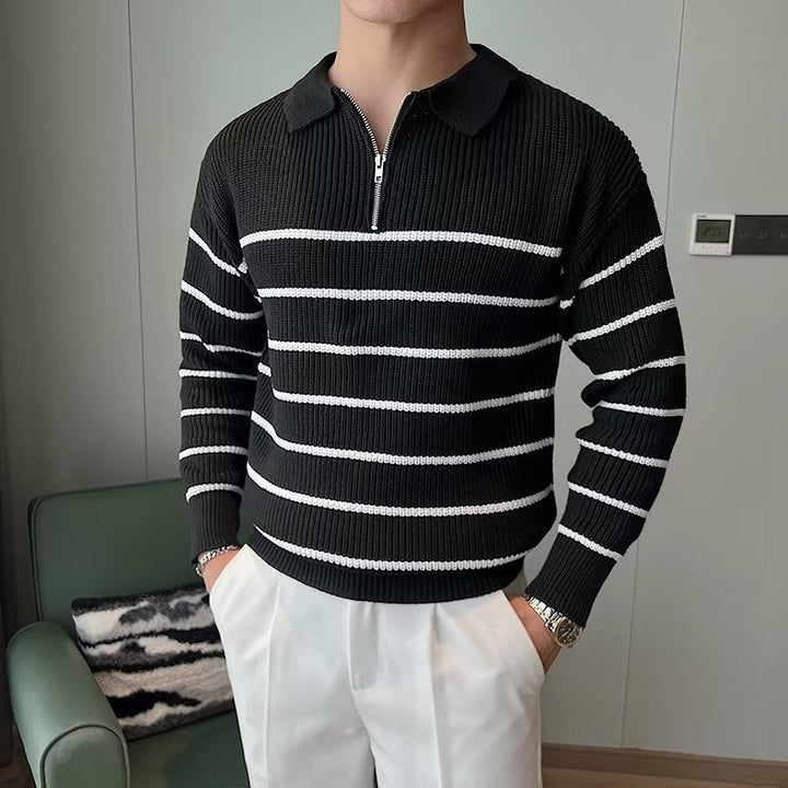 Comfortable men's striped polo sweater. Features a ribbed knit texture and a practical zipper front closure. Versatile fashion.