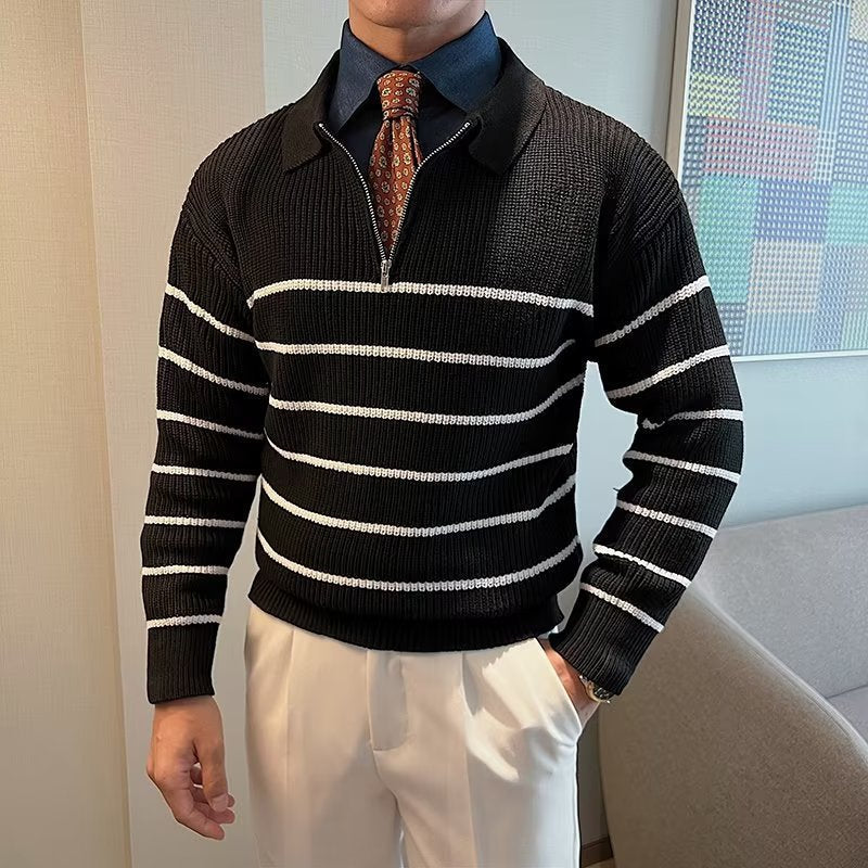 Casual men's long sleeve striped sweater. Designed with a convenient zipper front, ideal for comfortable daily wear. Knit fashion.