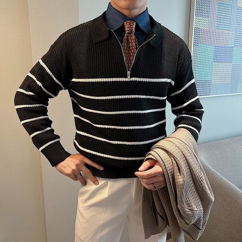 Versatile men's smart casual striped sweater, featuring a modern zipper front. Long sleeve knit for comfortable everyday fashion.