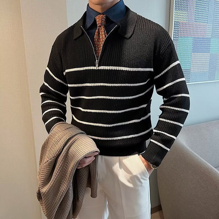 Stylish men's ribbed knit striped sweater with a chic zipper front. Long sleeve design ensures comfort and modern appeal.
