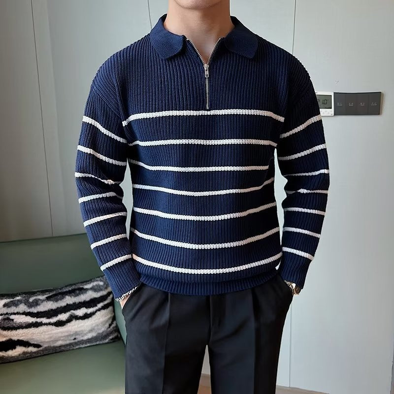 Comfortable men's striped zipper front sweater. This long sleeve knit offers versatile style for casual men's fashion.