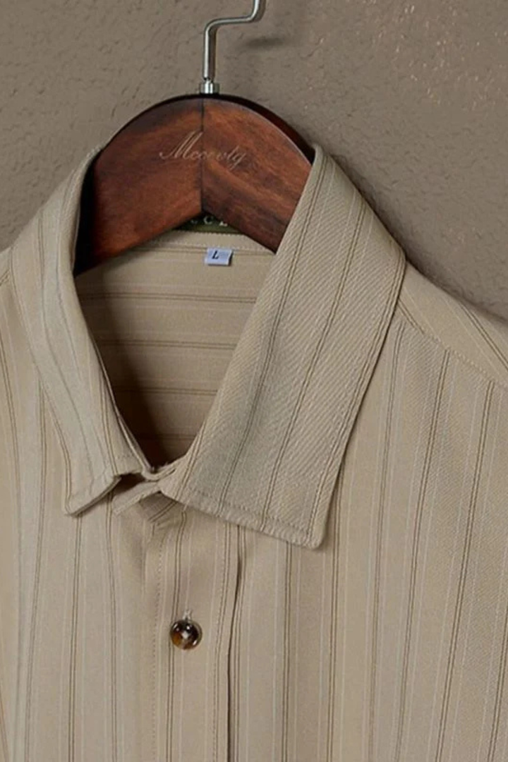 Professional men's striped dress shirt, long sleeve button-down. Smart casual office wear for men's fashion.