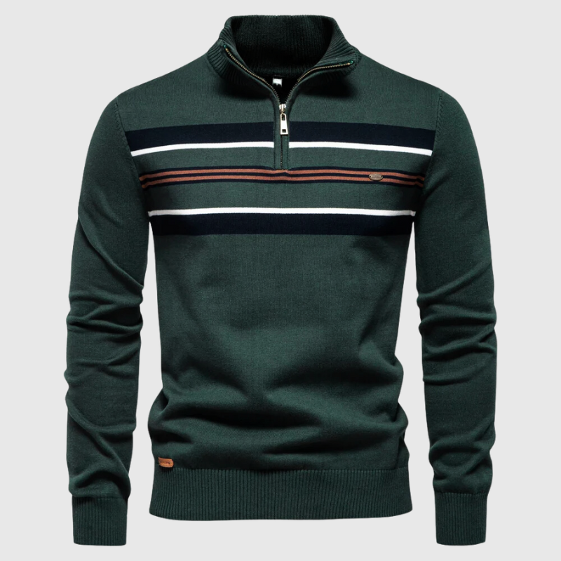 Men's striped quarter zip sweater in a comfortable knit. Ideal for versatile casual and smart casual autumn wear.