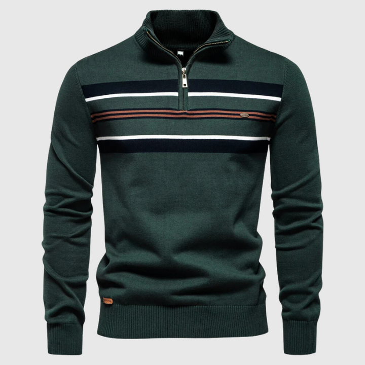Men's striped quarter zip sweater in a comfortable knit. Ideal for versatile casual and smart casual autumn wear.