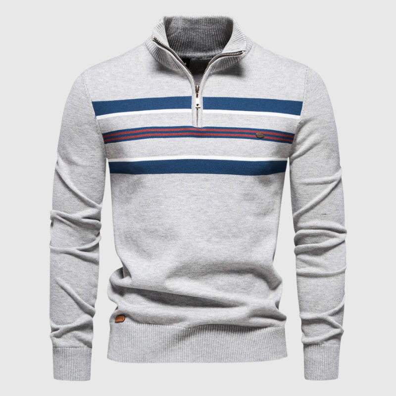 Stylish men's quarter zip sweater with a mock neck and classic stripes, offering comfortable layering for winter.