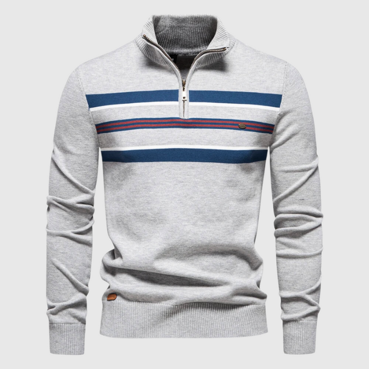 Stylish men's quarter zip sweater with a mock neck and classic stripes, offering comfortable layering for winter.