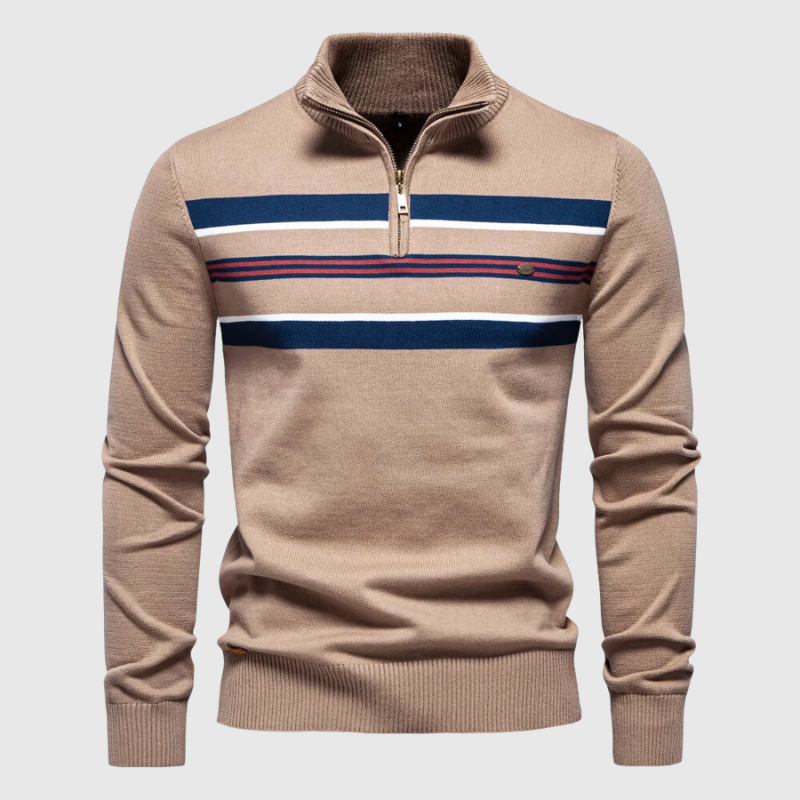 Versatile men's striped quarter zip sweater for smart casual autumn fashion. Perfect for comfortable layering.