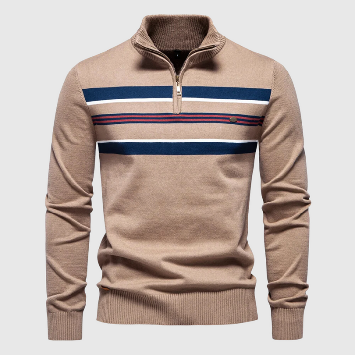 Versatile men's striped quarter zip sweater for smart casual autumn fashion. Perfect for comfortable layering.