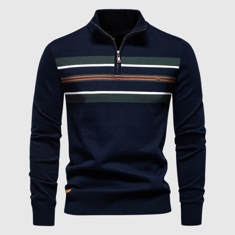 Classic men's striped quarter zip sweater for everyday comfort. A stylish choice for casual autumn & winter outfits.