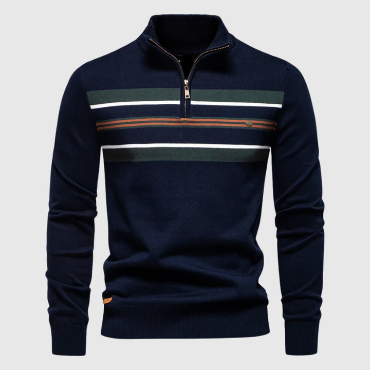 Classic men's striped quarter zip sweater for everyday comfort. A stylish choice for casual autumn & winter outfits.