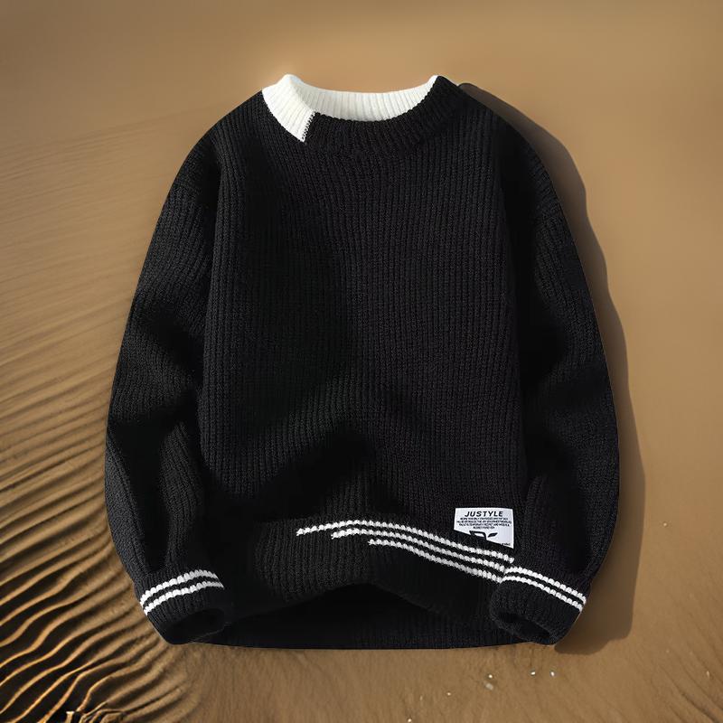 Men's striped relaxed fit crewneck sweater for casual wear. Comfortable fall & winter fashion.