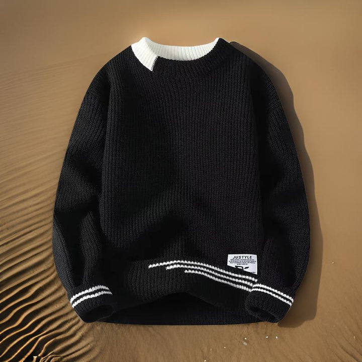Men's striped relaxed fit crewneck sweater for casual wear. Comfortable fall & winter fashion.