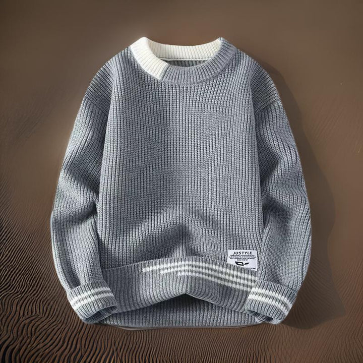 Stylish men's relaxed fit striped crewneck sweater. Perfect layering piece for casual fall and winter outfits.
