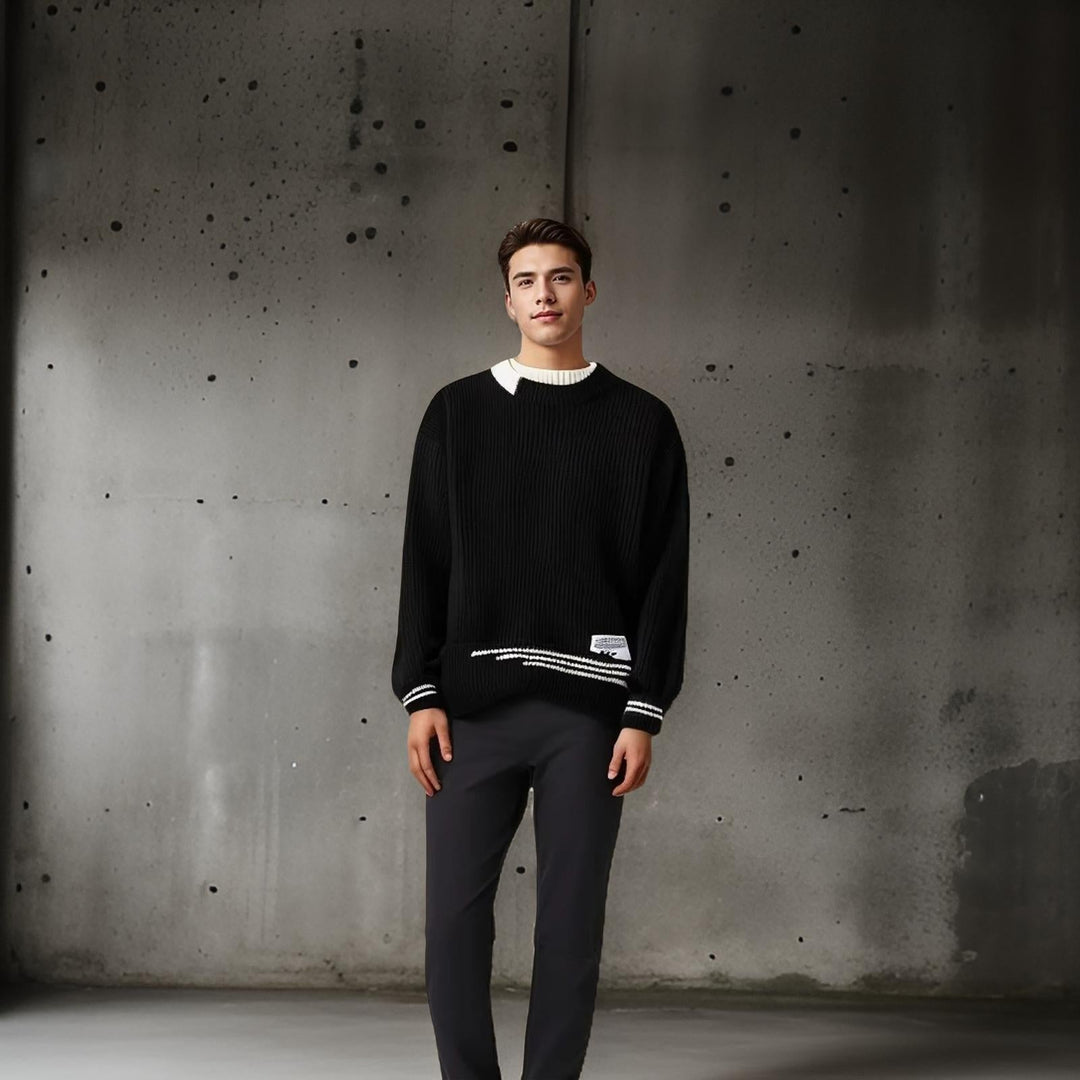Soft men's striped relaxed fit sweater with a classic crewneck. A cozy and stylish pullover for men's winter fashion.