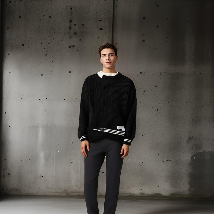 Soft men's striped relaxed fit sweater with a classic crewneck. A cozy and stylish pullover for men's winter fashion.