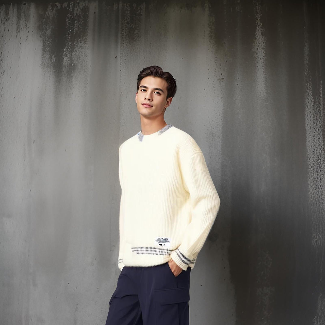 Trendy men's striped crewneck sweater. Relaxed fit pullover, essential for a comfortable and stylish fall/winter look.