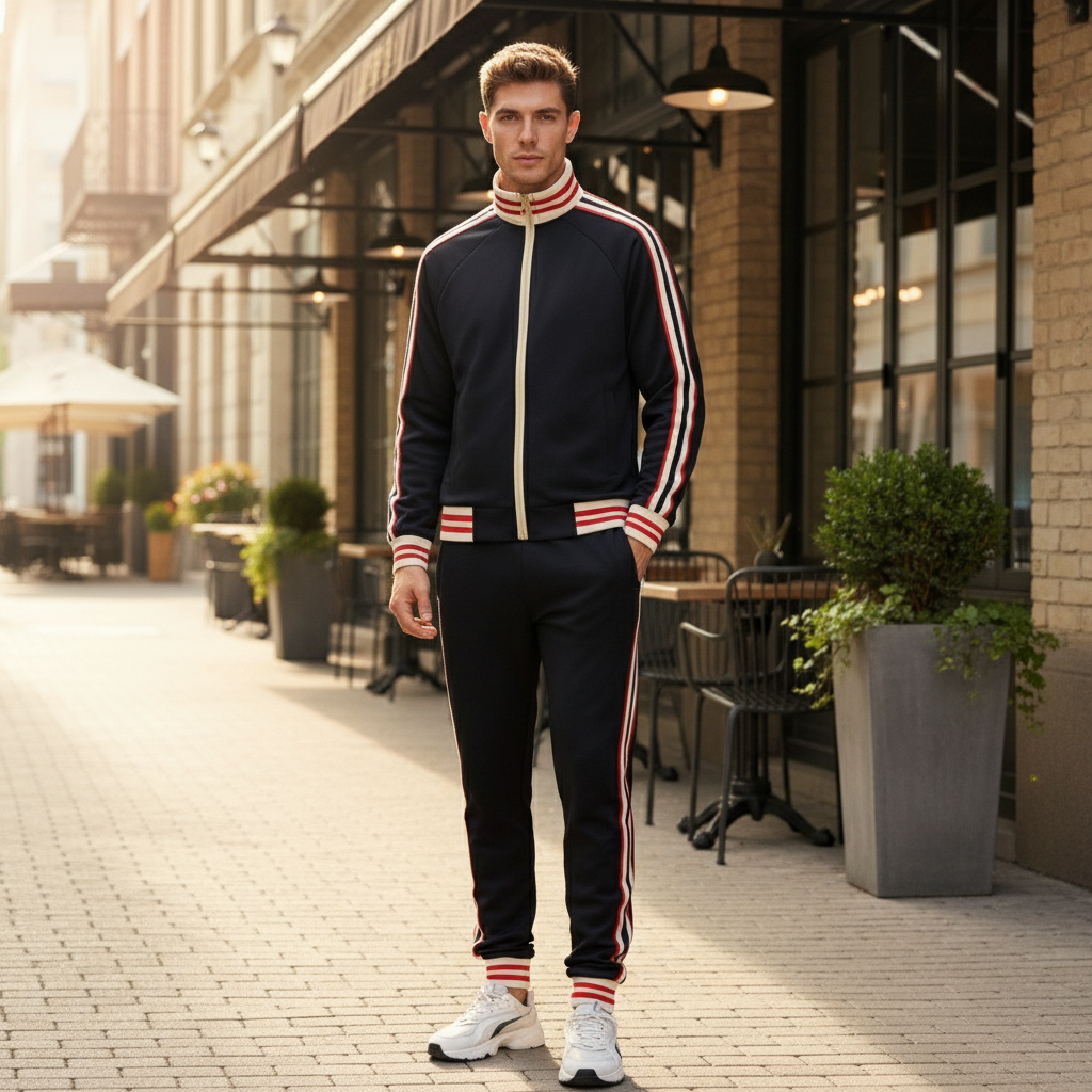 Men's striped tracksuit set, a sporty and comfortable activewear outfit with a stylish design.