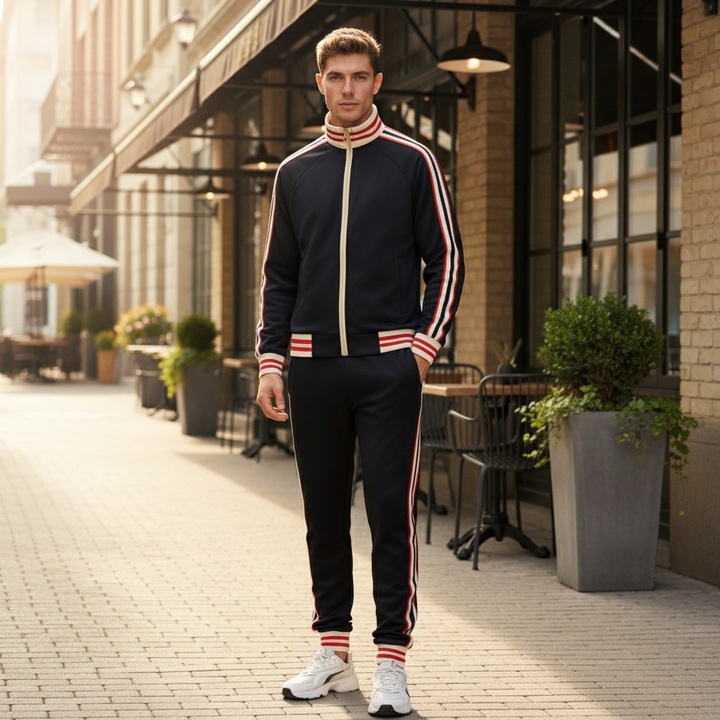 Men's striped tracksuit set, a sporty and comfortable activewear outfit with a stylish design.