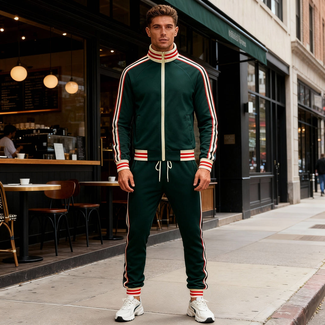 Sporty men's striped tracksuit featuring a zipper jacket & matching sport pants for athletic wear.