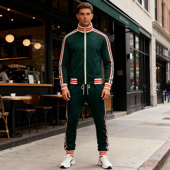 Sporty men's striped tracksuit featuring a zipper jacket & matching sport pants for athletic wear.