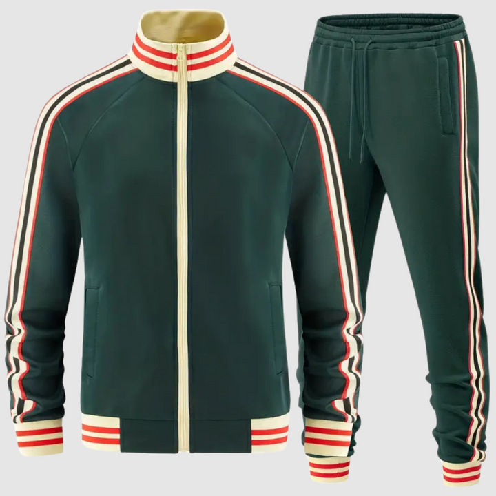 Dynamic men's striped activewear, a complete sport set for men's fashion and athletic activities.