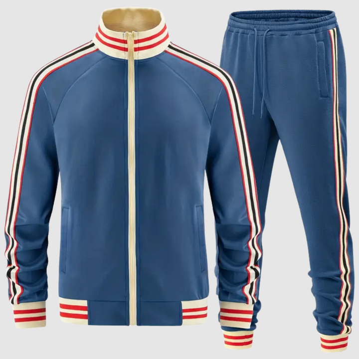 Modern men's striped zipper jacket & sport pants combo, a versatile men's casual wear solution.