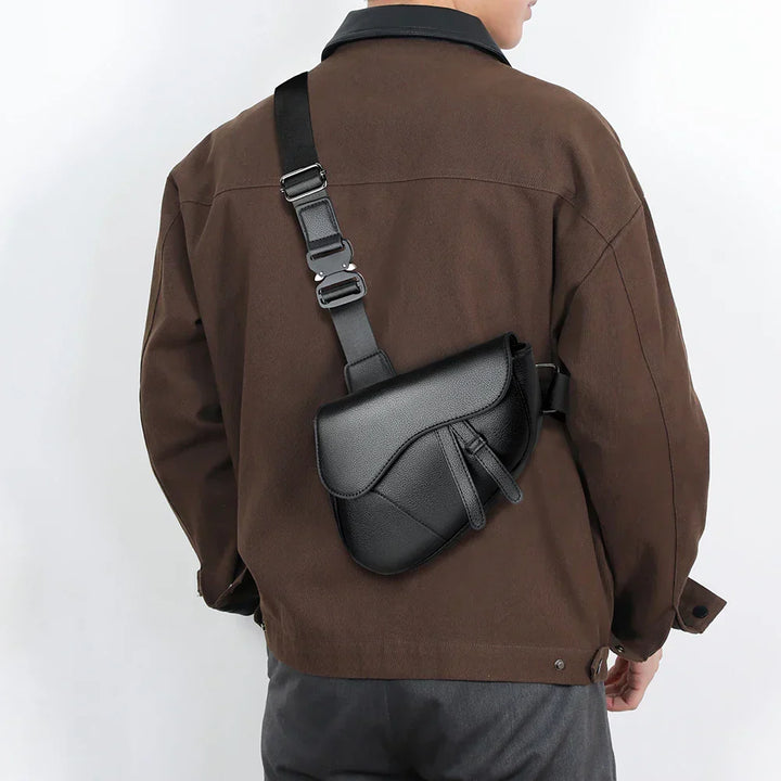 Durable men's structured crossbody bag featuring an adjustable strap, great for carrying daily necessities.