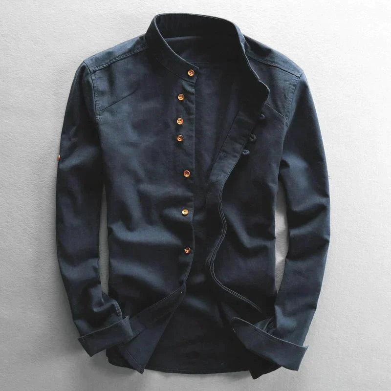 Men's stylish band collar button-down shirt. Long sleeve, versatile for modern casual fashion.