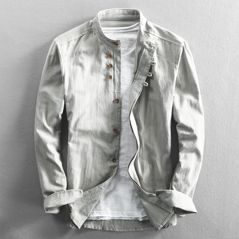 Elevated men's band collar button-down shirt, long sleeve. Modern casual style, versatile men's fashion.