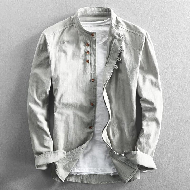 Elevated men's band collar button-down shirt, long sleeve. Modern casual style, versatile men's fashion.