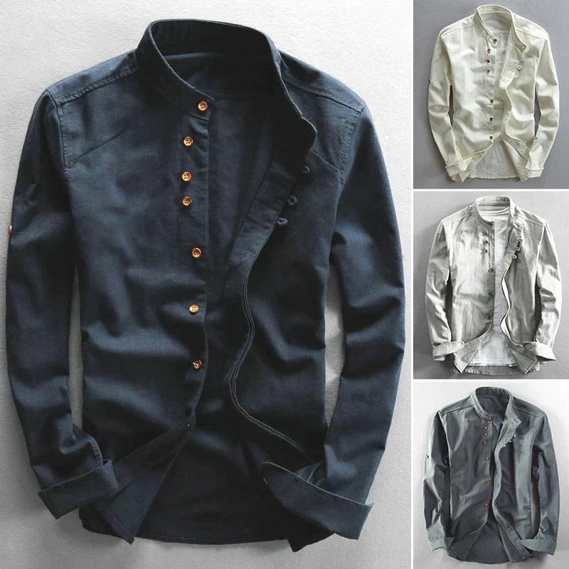 Stylish men's long sleeve band collar button-down shirt. Modern, versatile casual shirt for men's apparel.