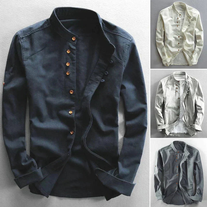 Stylish men's long sleeve band collar button-down shirt. Modern, versatile casual shirt for men's apparel.