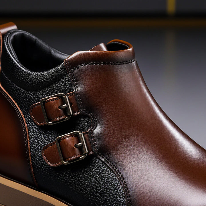 Versatile men's ankle boots with double buckle design, suitable for stylish winter outfits and everyday wear.