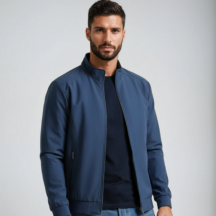 Men's stylish black bomber jacket with zip-front, perfect versatile casual outerwear for fall & spring fashion.
