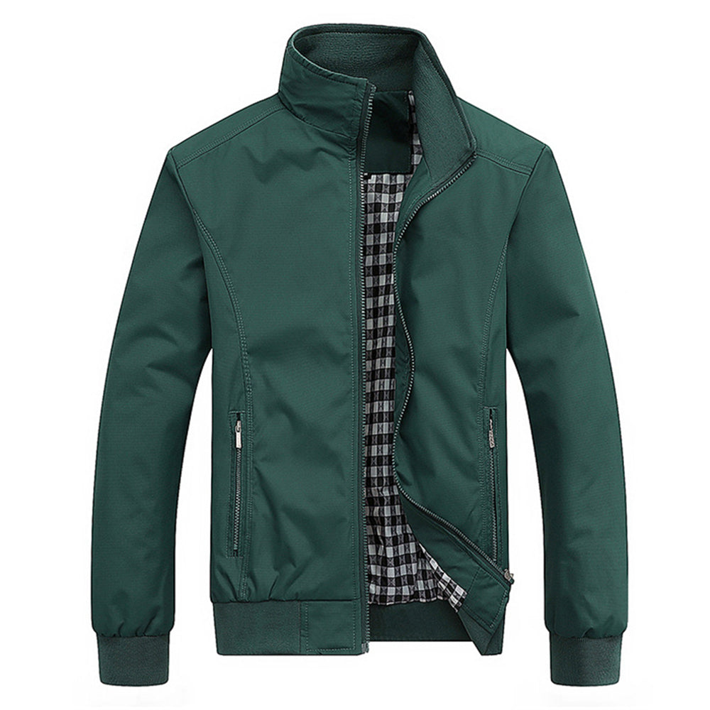 Versatile men's zip-front bomber jacket with stand collar. Ideal everyday casual outerwear for spring & fall fashion.