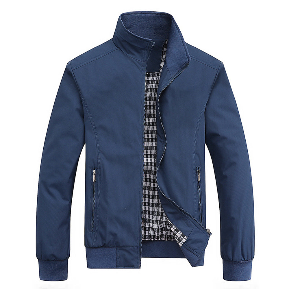 Modern men's bomber jacket with zip-front design. Stylish and versatile fall/spring outerwear for casual everyday fashion.