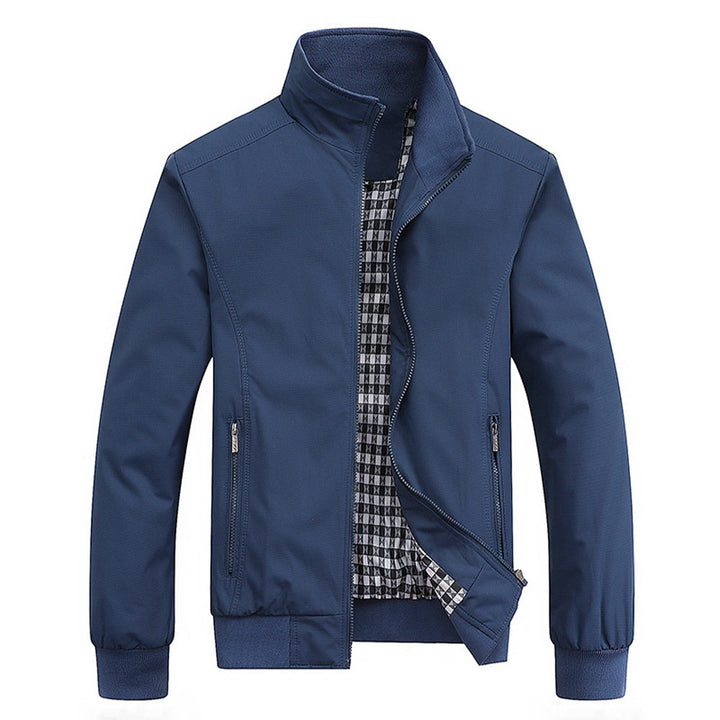 Modern men's bomber jacket with zip-front design. Stylish and versatile fall/spring outerwear for casual everyday fashion.