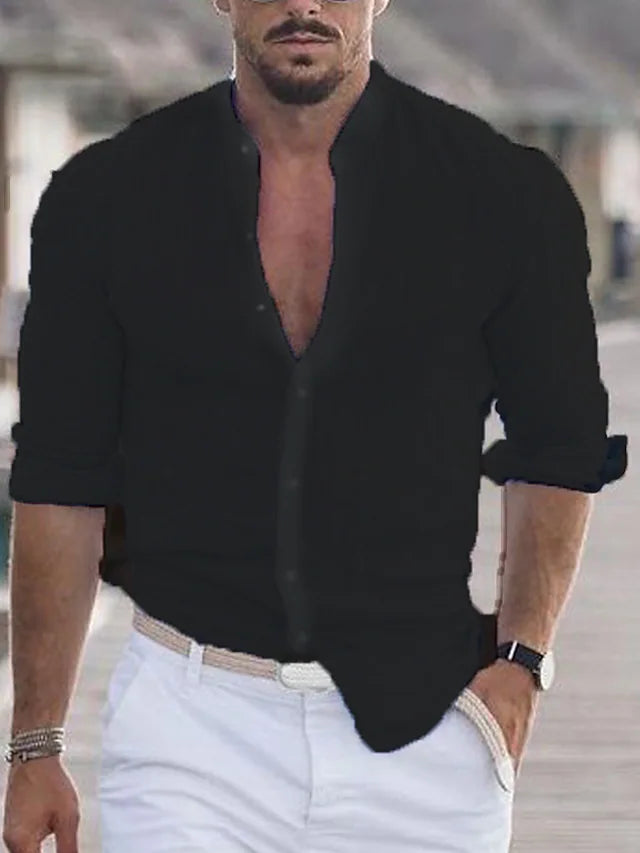 Men's stylish black long-sleeve button-up shirt for versatile casual and smart-casual looks.